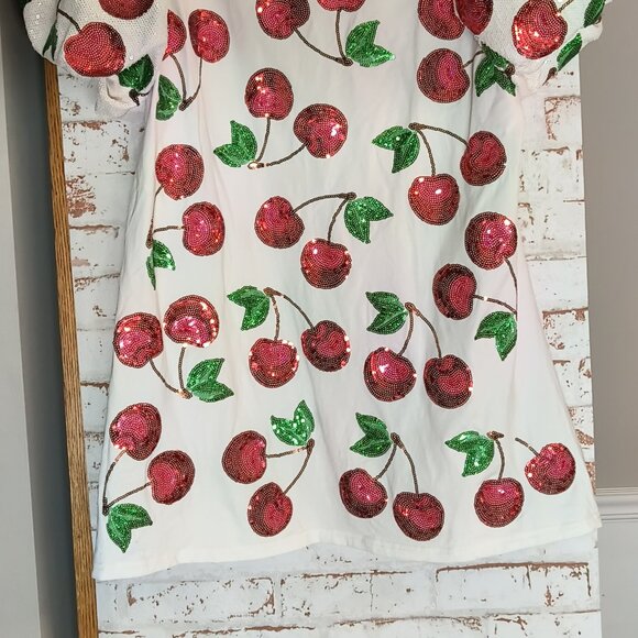 Queen of Sparkles Women's Small Puff Sleeve Cherry Mini Dress - Picture 4 of 6